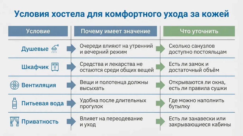 Условия хостела для комфортного ухода за кожей